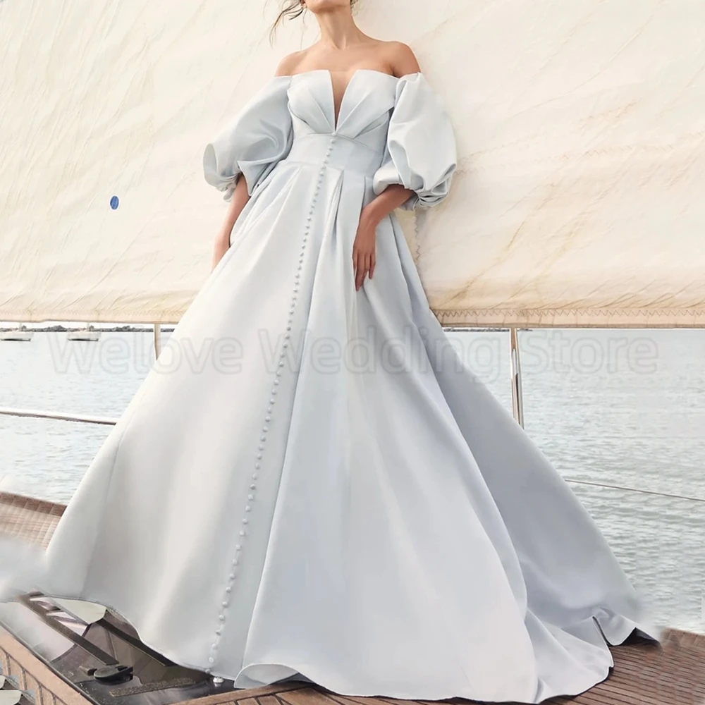 Vintage Half Sleeves Wedding Dress Off the Shoulder A-Line Satin Boat Neck Bridal with Pleat and Buttons Floor Length Gowns Robe