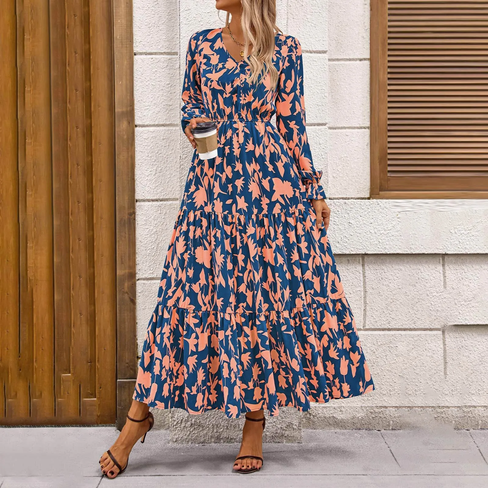 Abiti autunnali da donna Casual manica lunga scollo a V Abiti maxi stampati Boho floreali per abiti estivi per le vacanze degli ospiti di nozze Taglie forti