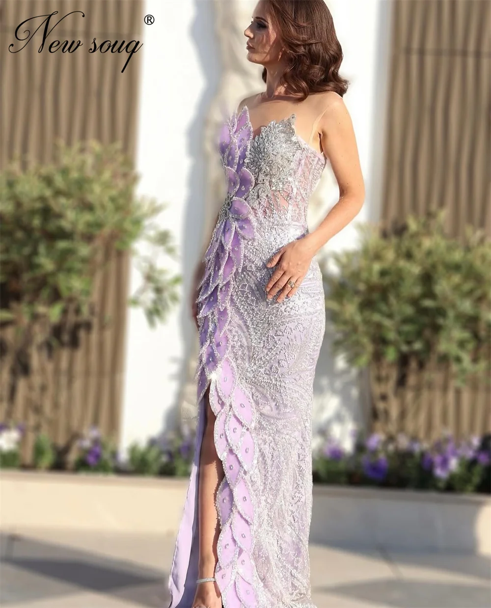 新しいファッションライラックビーズイブニングドレススプリットサイド婚約パーティードレスクリスタルカクテルドレスローブド夜会カスタマイズ