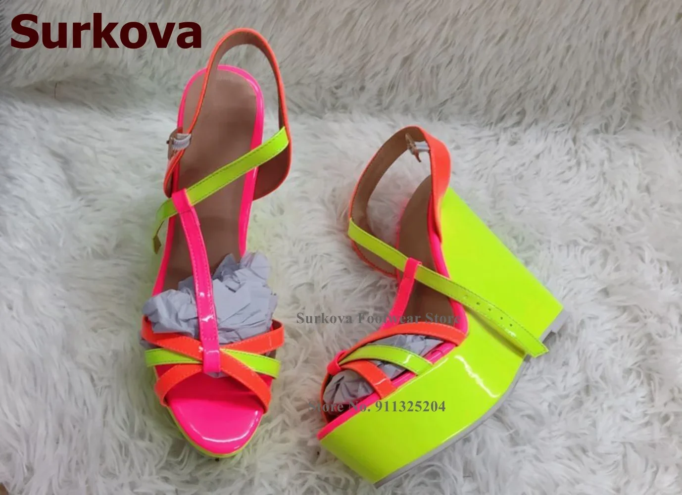 Surkova Neon Yellow Wedge Heel Sandals Orange Pink Patent Leather Patchwork Wedding Shoes Real Photo T-bar Banquet Pumps Size46