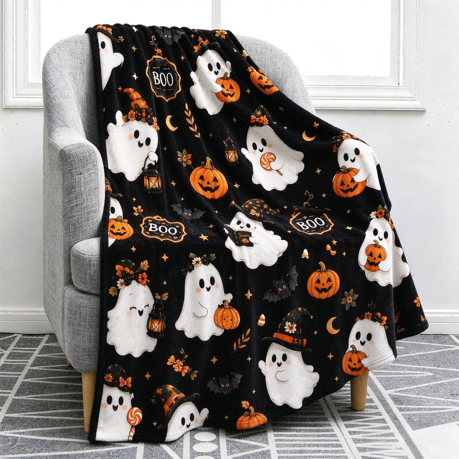 Halloween X-mas Theme Cute Ghost Pumpkin Skull Reindeer Blanket for Couch Throw Flannel Blankets Festival Gifts Four Season Use
