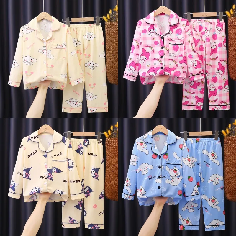 Sanrio Cinnamoroll Children Pajamas Set Long-Sleeved Cartoon My Melody Kuromi Autumn Anime Sleepwear Suit Student Kids Clothes