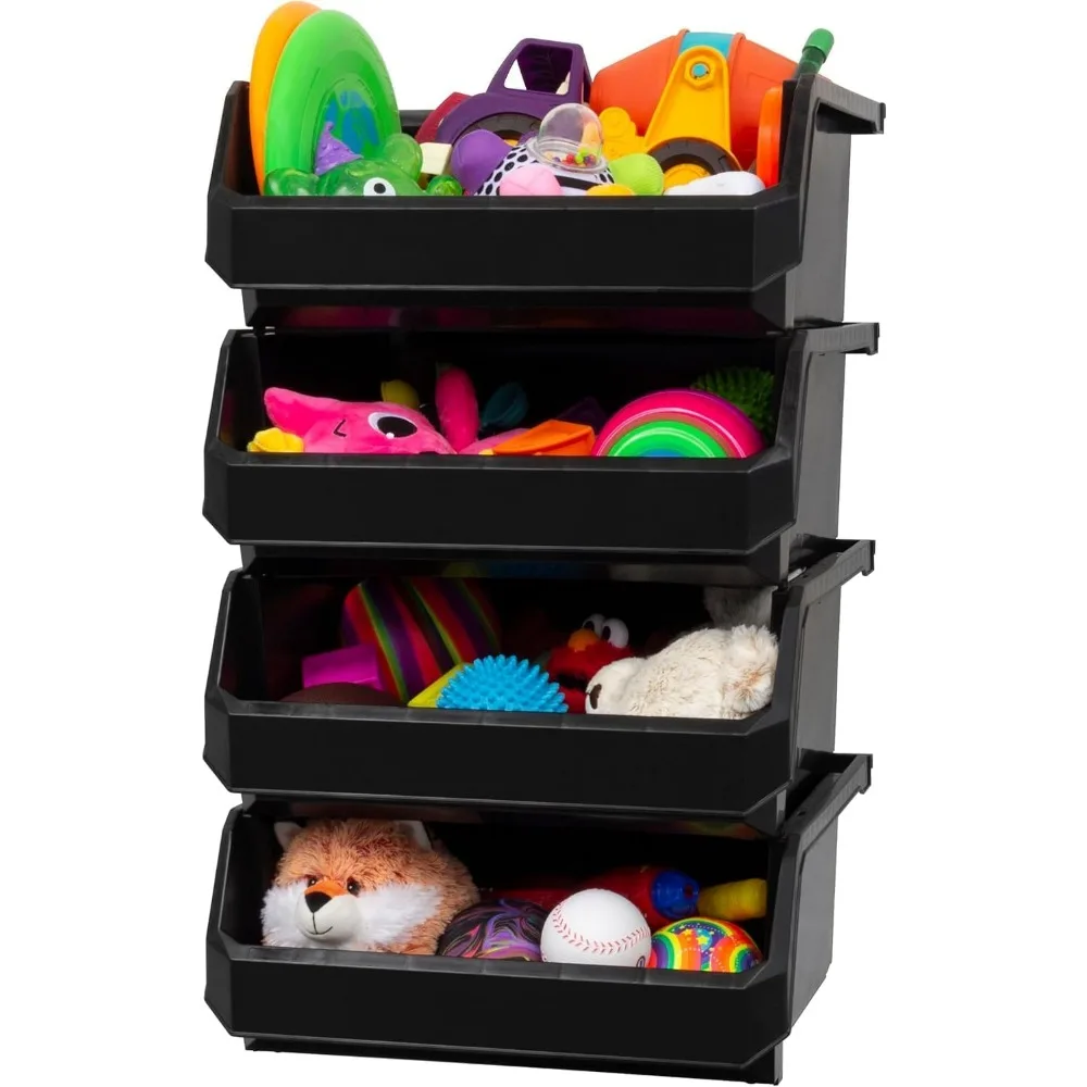 

Большие штабелируемые пластиковые контейнеры для хранения, 4 шт., черные для организации шкафа, кухни, офиса, гаража, кладовой