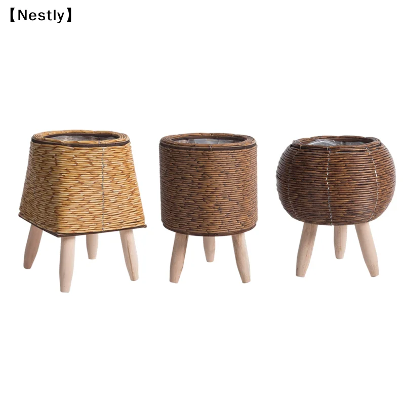 Imitiertes Rattan-Geflecht-Blumenregal, handgefertigter Aufbewahrungskorb mit abnehmbaren Holzbeinen, Pflanztopfhalter〔Nest〕 – Detail 8