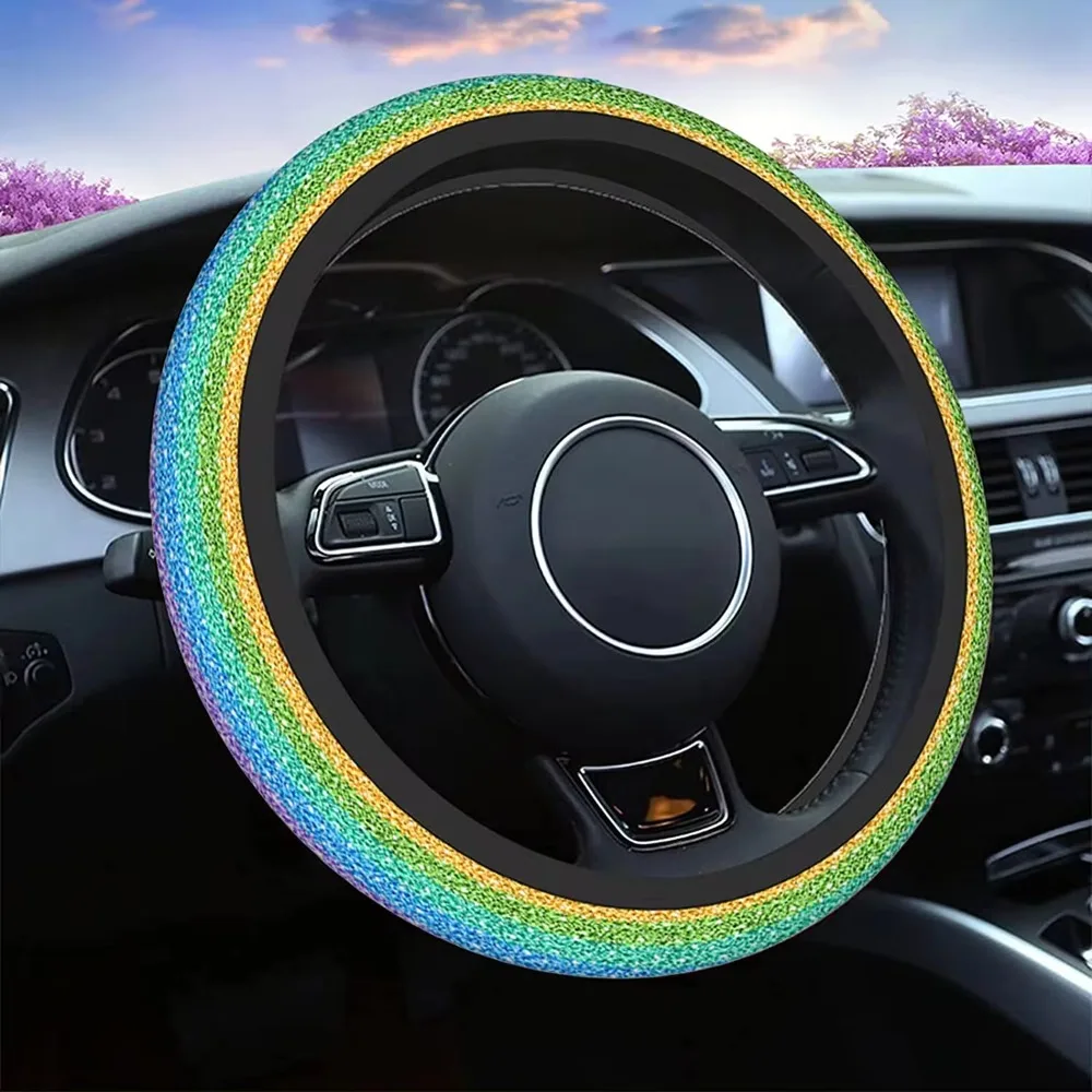 Steering Wheel Covers Rainbow Glitter Shining Colorful Rainbow Gradient Sparkle Glitter Neoprene Car Wrap Cover Comfort 15 Inch