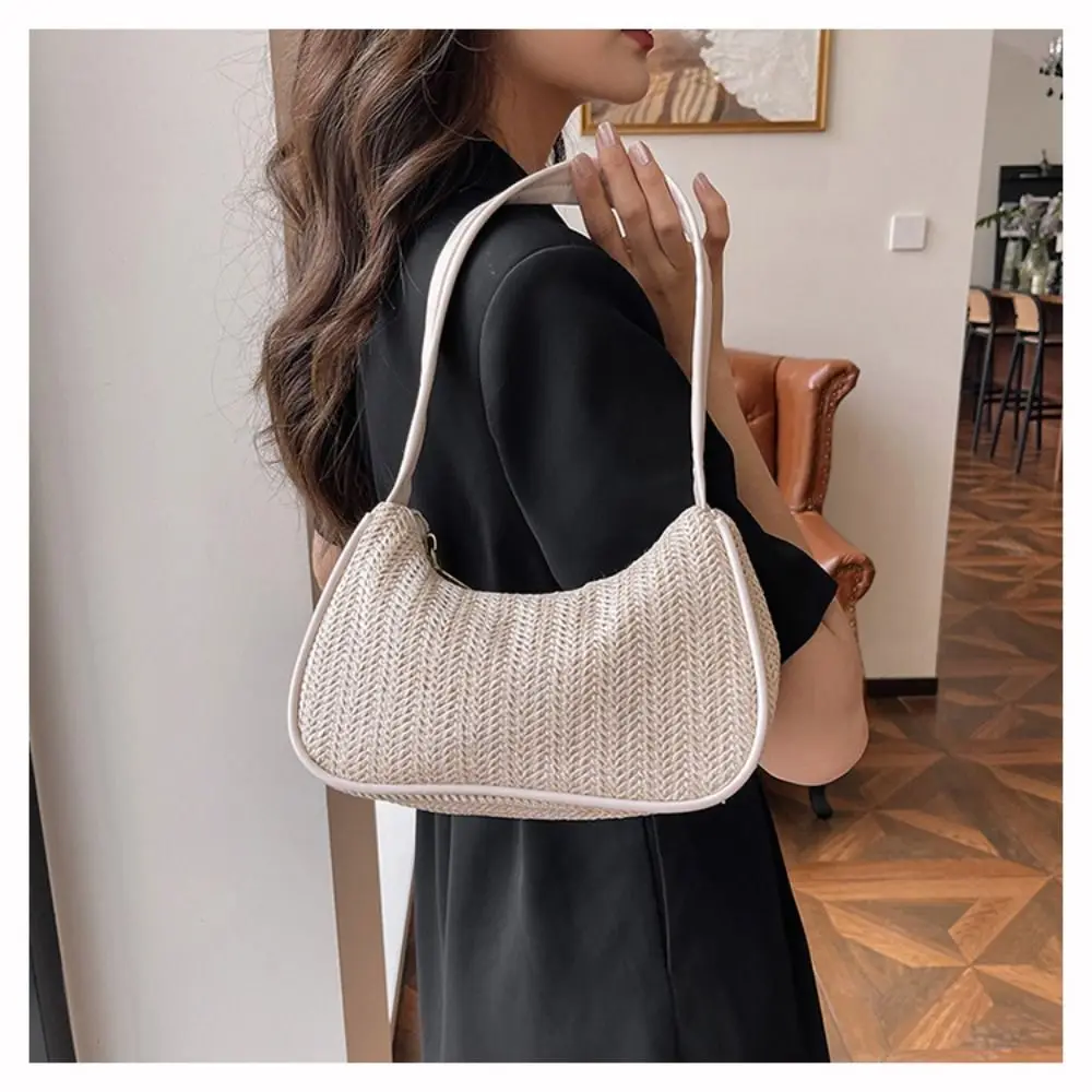 

Leisure Bohemian Straw Shoulder Bag Elegant Zipper Beach Handbag Portable Casual Mobile Phone Pouch Summer