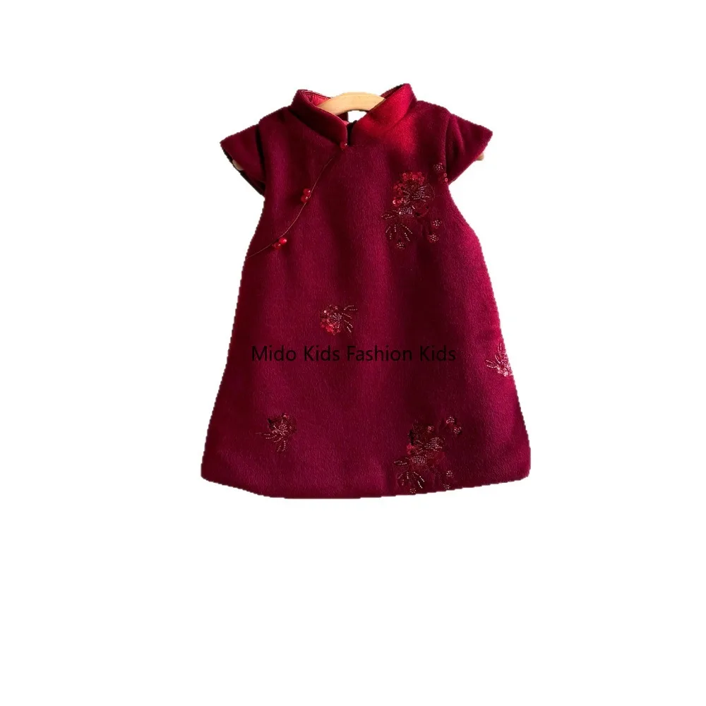 Winter 1-12Y  Kids Cheongsam Dress with Peony Embroidery Floral Print Woolen Fabric Furry Cuffs New Year Outfit 90-140cm
