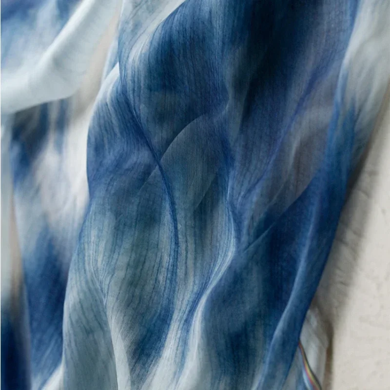 Liuyun Chinese Style White Blue Tie Dye Original Fabric Transformation High-end Hanfu Dress Clothing Designer Fabric