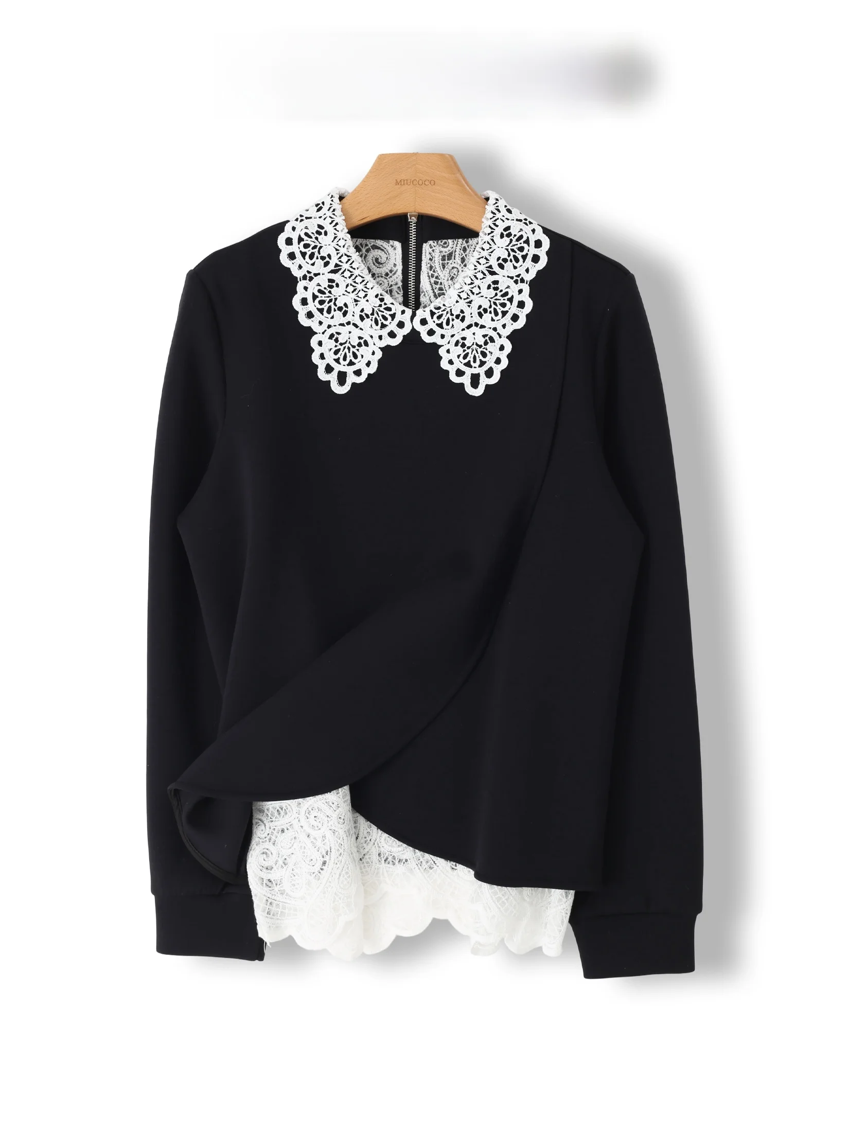 Unique Lace Splice Doll Collar Sweatshirt Fake Two-Piece Long Sleeve Slimming Top Self-Preserving Style Korean Commute Style