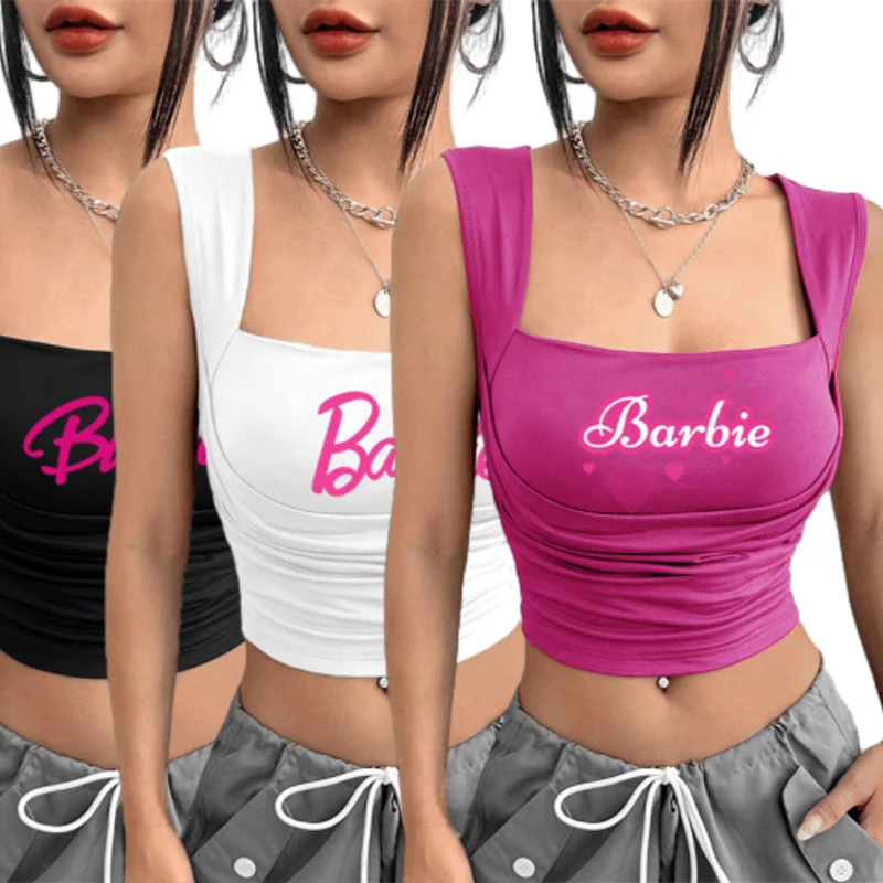 Summer Kawaii Barbie Women Short T-Shirts Anime Girls Sexy Slim-Fitting Crop Sleeveless Tops Female Suspender Tank Shirts Gifts