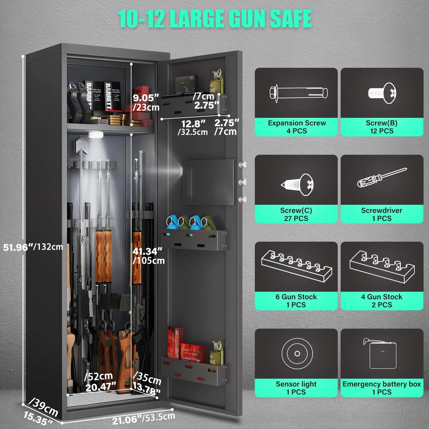 Kavey Unassembled Rifle Gun Safe，Large Gun Safe with Dual Alarm， Mute Mode, Long Gun Safe with Touchscreen Pad，Removable Shelves