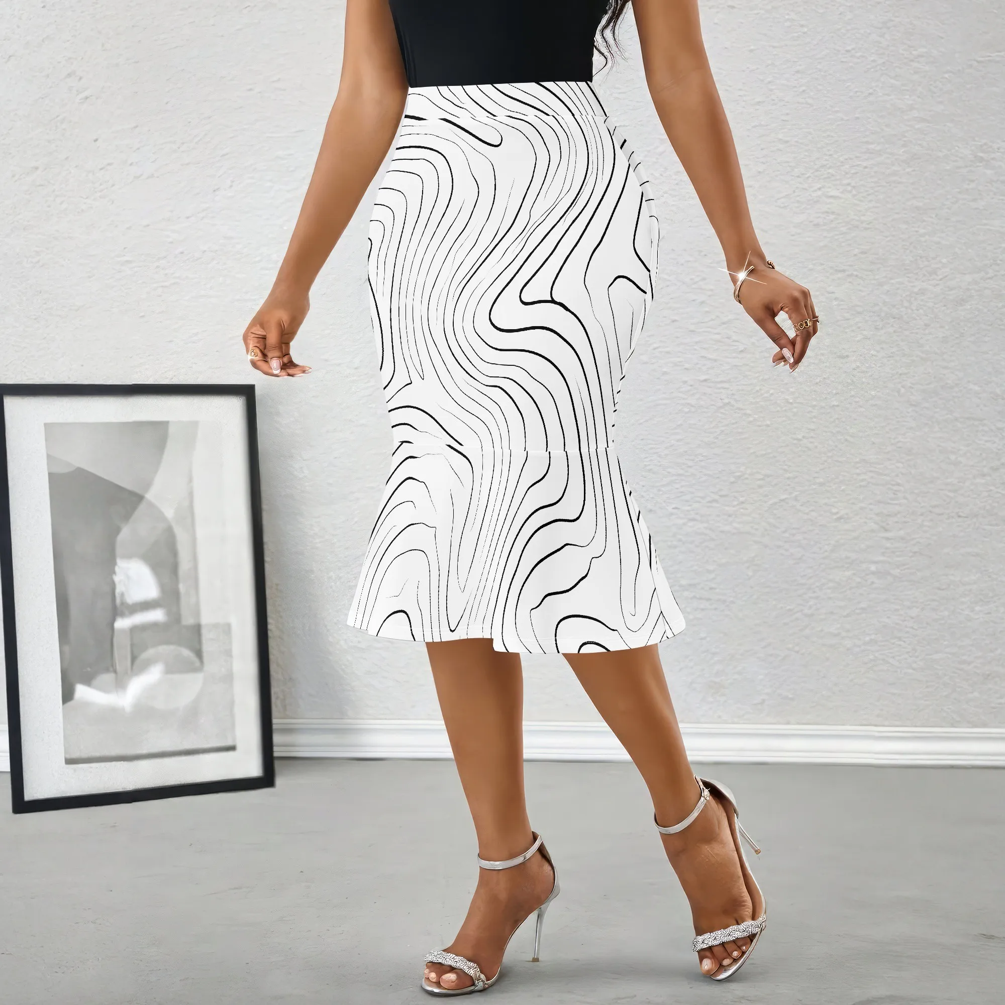 High Waist Midi Skirt, Abstract Line Print Pencil Skirt, Black White Pattern A-Line Skirt, Women's Office Party Wear, S-2XL