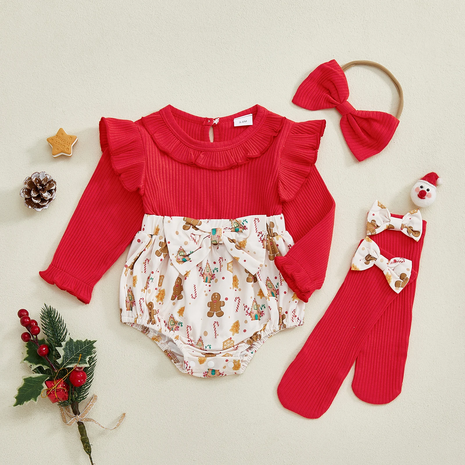 

SUNSIOM Baby Girl Christmas Outfit Gingerbread/Candy Cane Print Ruffle Trim Long Sleeve Romper Bow Headband Stockings