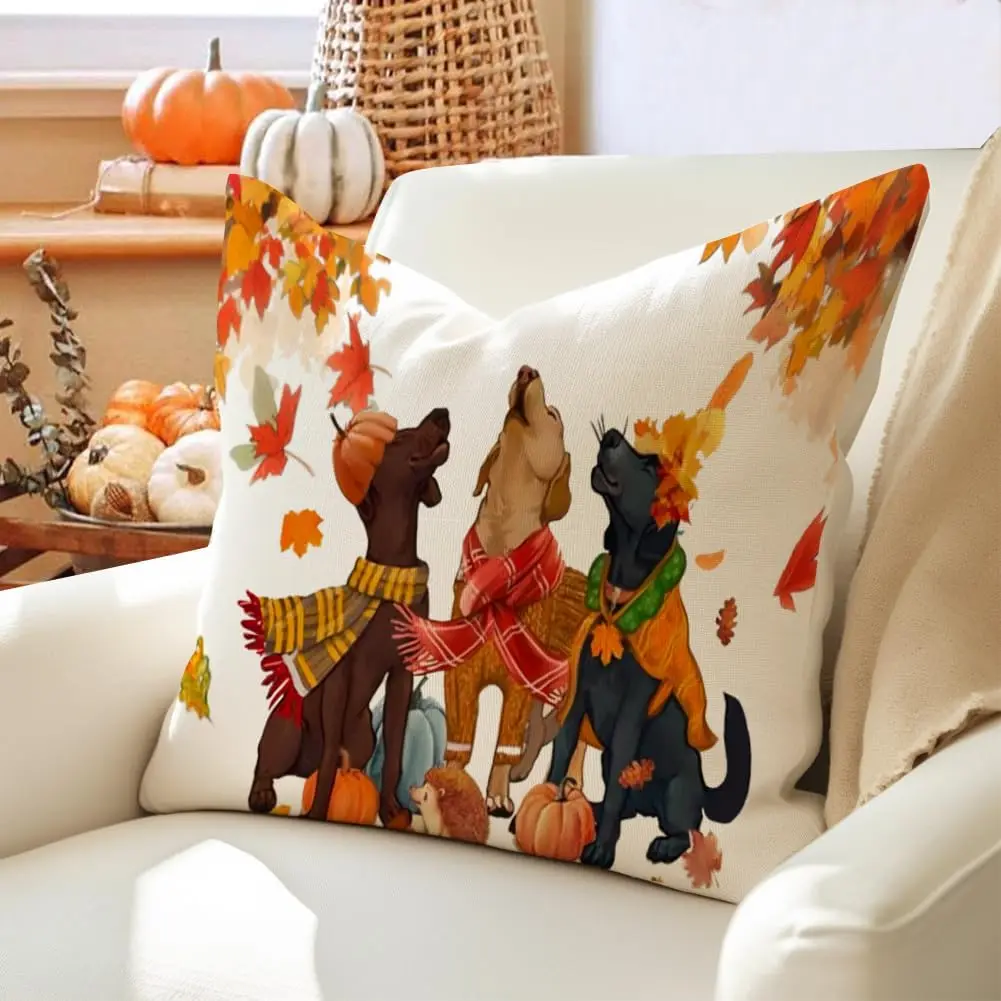 Autumn Dogs Pillowcase, Cute Labrador Fall Leaves Art, Thanksgiving Pumpkin Cushion Cover, Seasonal Pet Lover Home Decor Gift