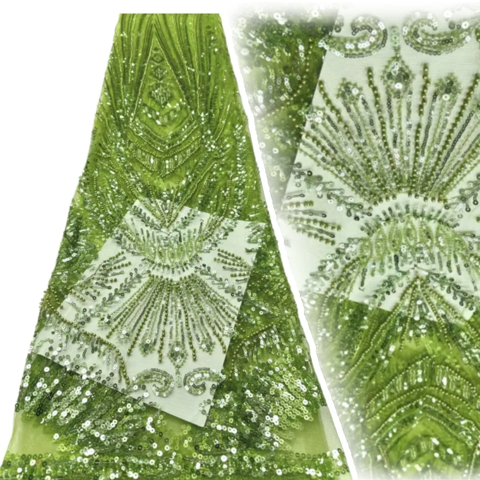 

Новая зеленая африканская ткань ручной работы с блестками, тюль, кружевная ткань, французская роскошная кружевная ткань с бусинами для свадебного платья, шить AH1219