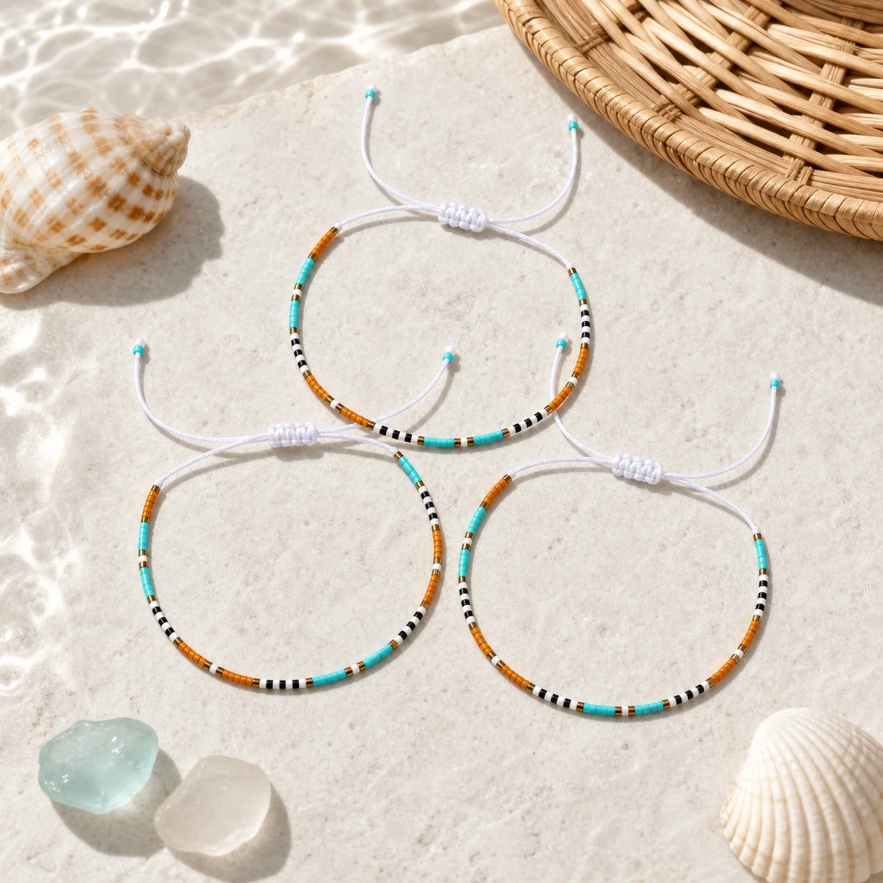 3pcs Boho Glass Beaded String Bracelet with Turquoise Black White Round Beads Adjustable Tie Beach Style for Women and Men