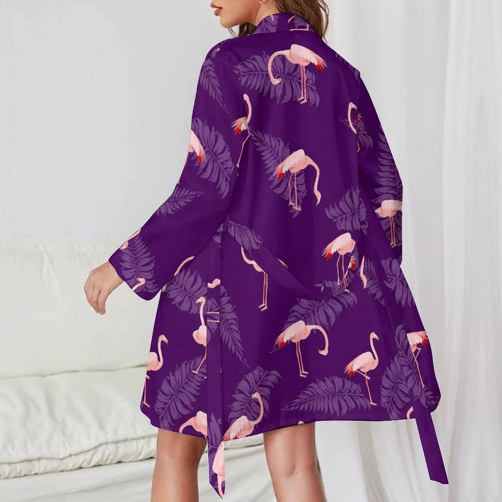 Bird And Leaf Pajama Robe V Neck Pink Flamingo Kawaii Dresses Women Long Sleeves Casual Sleepwear Custom Pajamas Robes