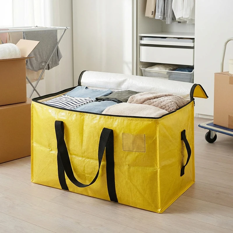 Extra Large Yellow PE Woven Storage Bag Foldable Closet Organizer Bin with Zipper for Blanket Garment Bedroom Home Storage