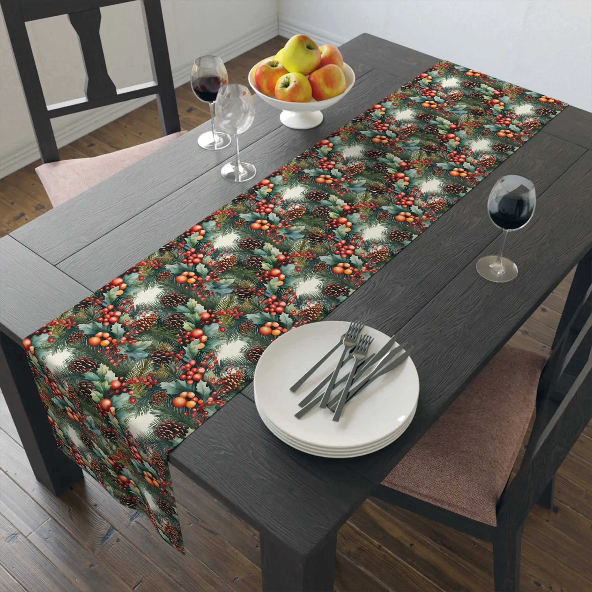 Pinecone Garland Table Runner, Holiday Everyday Celebration Decor Tablecloth for Dining Table Party, Festive Home Decoration
