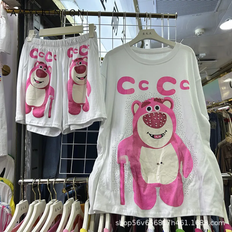 

Summer Heavy Industry Beaded Print Cartoon Loose Short Sleeved T-shirt Top + Elastic Waist Wide Leg Shorts Two-Pieces Set Ladies