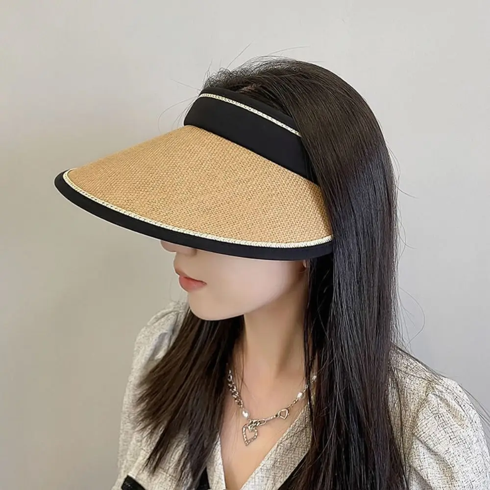 Summer Casual Empty Top Sun Hats Portable Wide Large Brim Straw Cap UV Protection  Foldable Visors Women Girl Sunshade Beach Hat