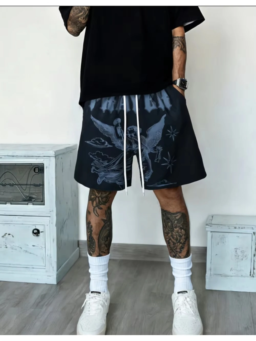 

European and American men's summer creative angel letter 3d print soft and breathable drawstring shorts outdoor street pants