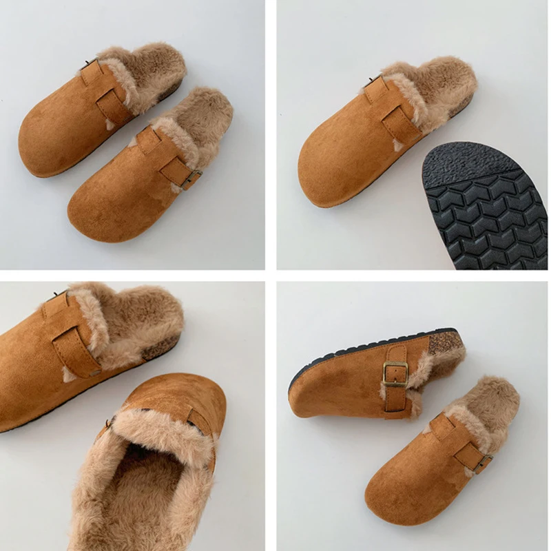 Cork Flat Head Half Slippers Women Warm Woolly Indoor and Outdoor Slippers 2024 Autumn and Winter New Model Borken Shoes