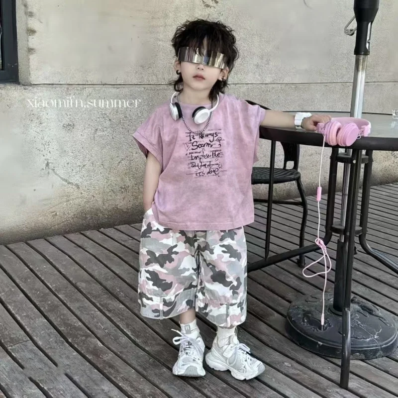 

Summer Boys'Clothing Set Fashionable New Children's Short Sleeved T-shirt Camouflage Shorts Two-Piece Set