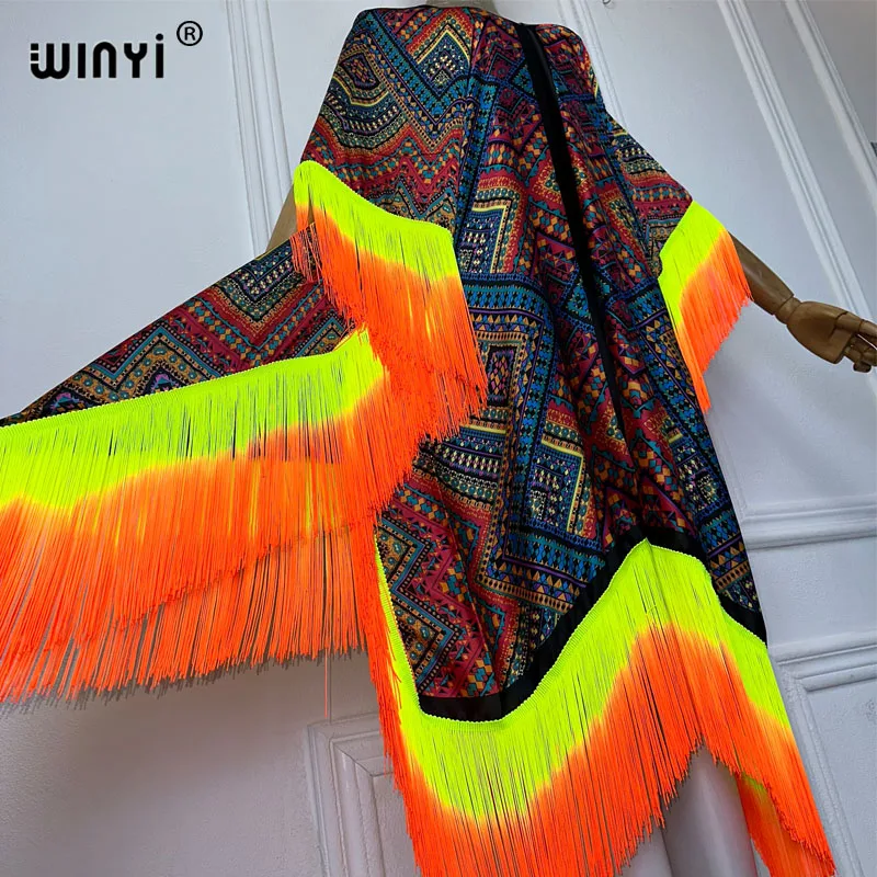 WINYI Fashion gradient tassel print loose dress beach Cover-up V-neck fashion kaftan sexy Holiday African wamen evening dress