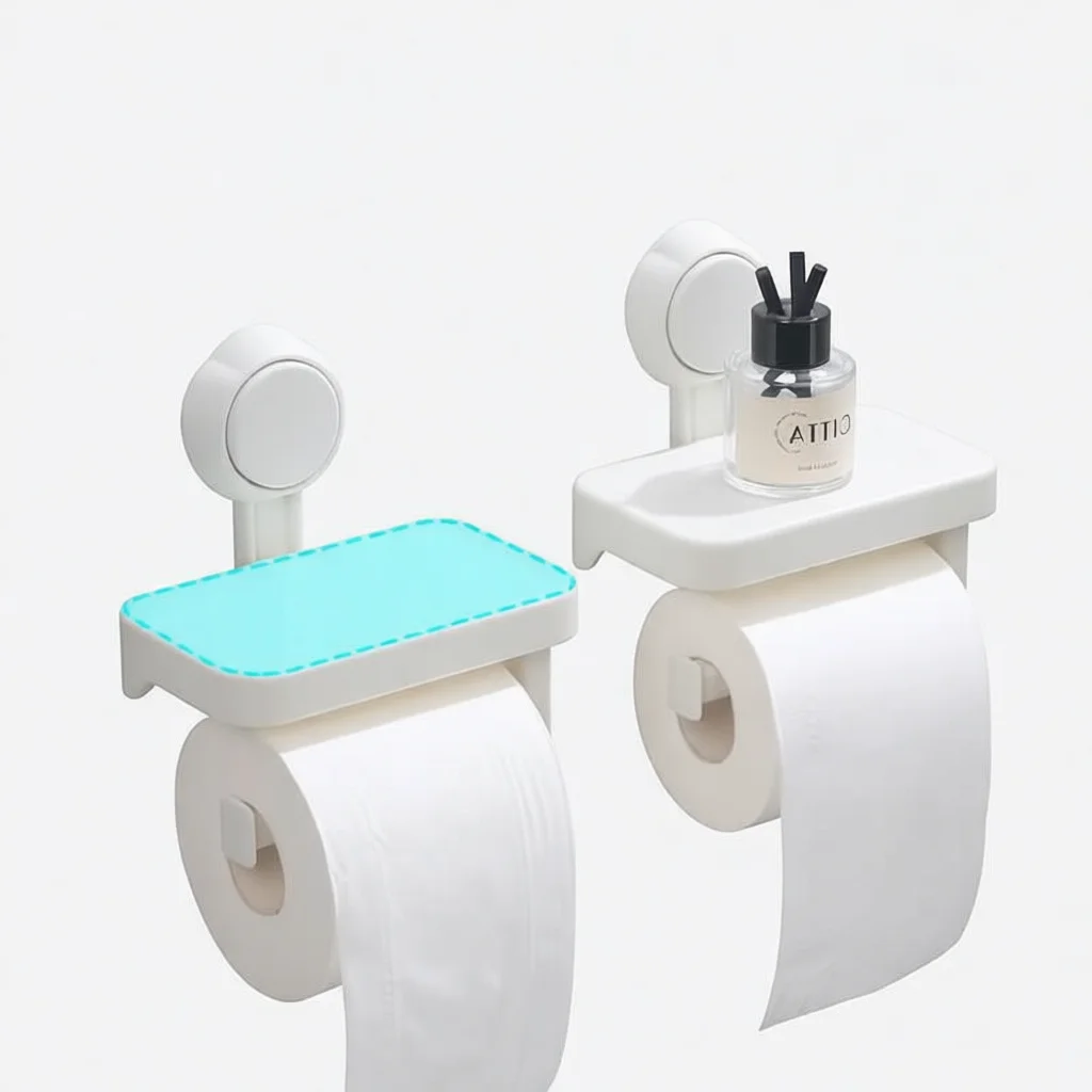 Wall Mounted Tissue Holder Suction Cup Bathroom Storage Shelf Punch Free Paper Organizer Waterproof Rack Cream White Style