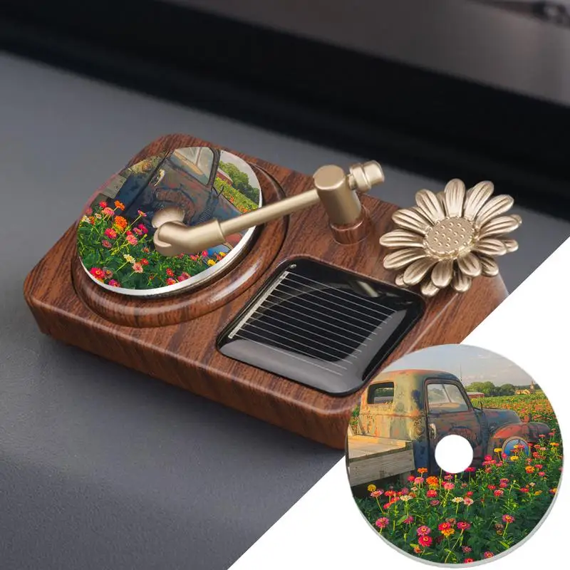 Retro Solar Rotating Car Fragrance Record Player Turntable Air Freshener Kit Odor Removal Adhesive Mounting Dashboard Ornament