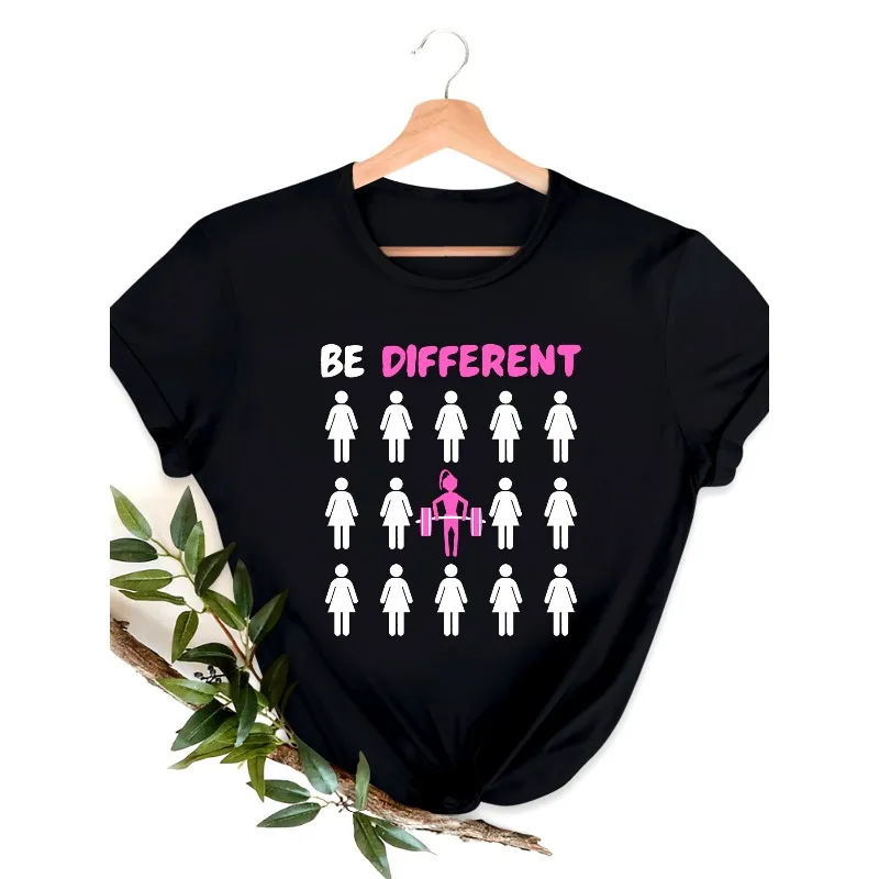 Damen BE VERSCHIEDENES Grafik-T-Shirt mit kräftigem rosa Text und weiblichem Gewichtheben-Symbol, weiches Alltags-Casual-Fitness-Oberteil mit Rundhalsausschnitt – Detail 2
