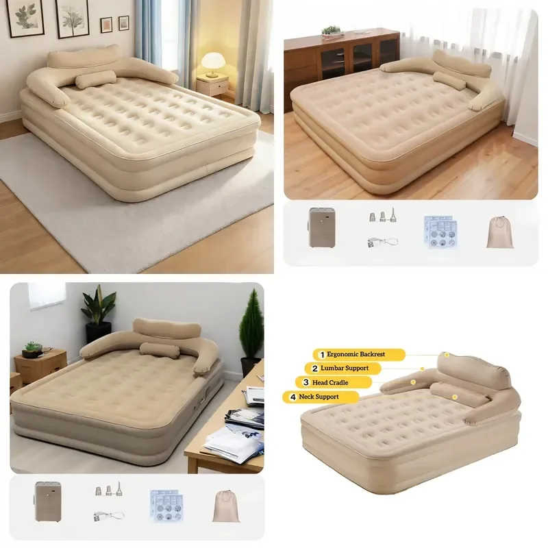 Extra Large Queen Size Inflatable Air Mattress Built-in Pillow Foldable Multi-Functional Bedroom Floor Bed for Outdoor