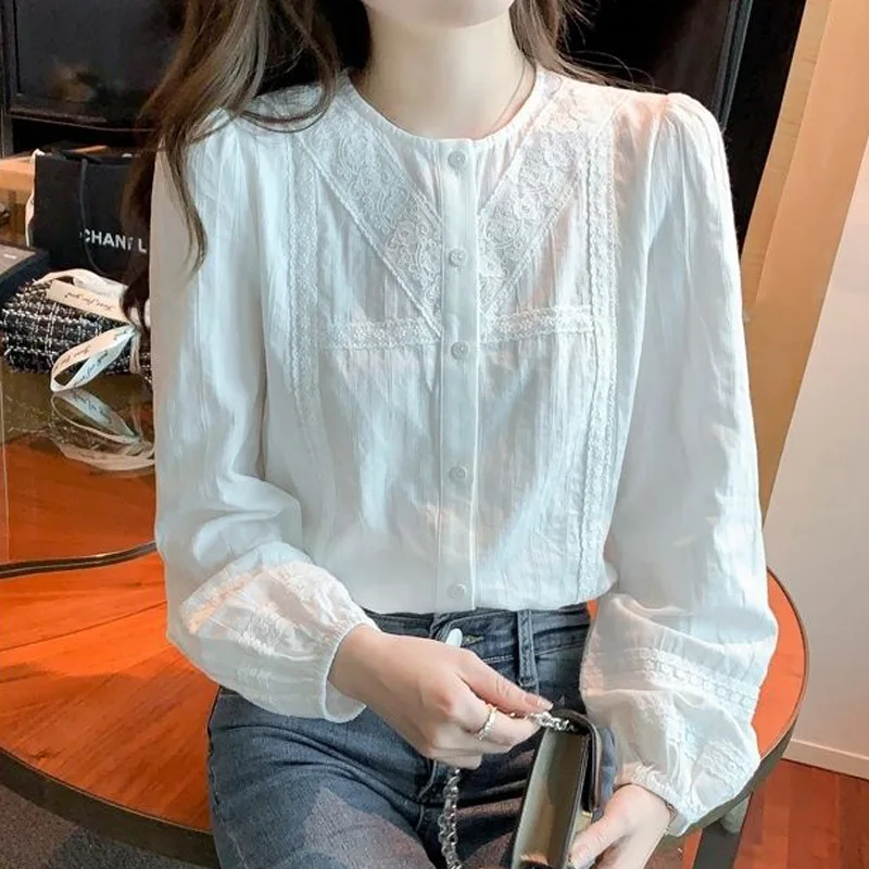 Vintage Simple Chic Sweet Lace Embroidery White Cotton Tops Blouses Spring Autumn Casual Long Sleeve Button Up Shirts for Women