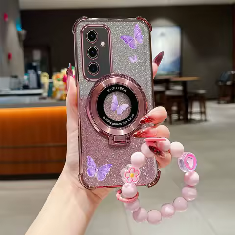 Jewelry Strap Glitter Purple Butterfly Phone Holder Case For Samsung Galaxy S24 S20 S21 S22 S23 S25 FE Note 10 20 Plus + Ultra