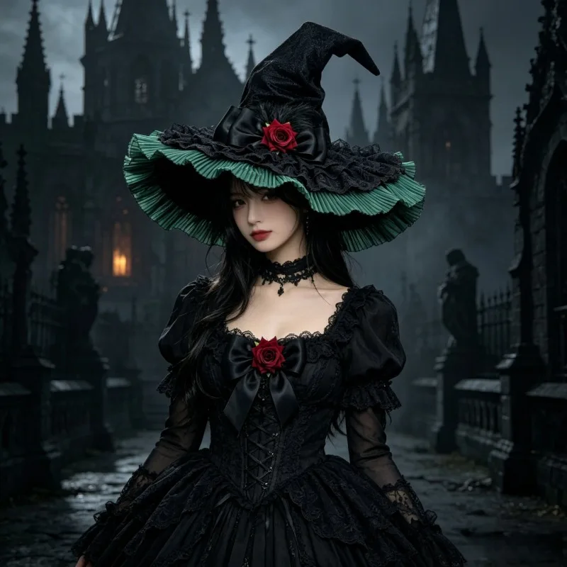 Halloween Carnival Night Witch Hat with Flowers Dark Gothic Style Costume Cosplay Pointed Flat-Brim Witch Role-Playing Accessory
