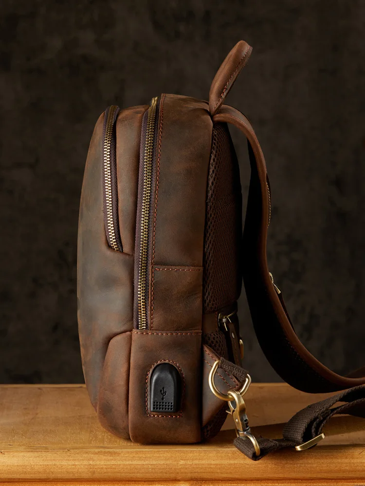 Bolso de pecho de cuero Crazy Horse para hombre, bandolera de hombro para deportes al aire libre, riñonera de tendencia de lujo