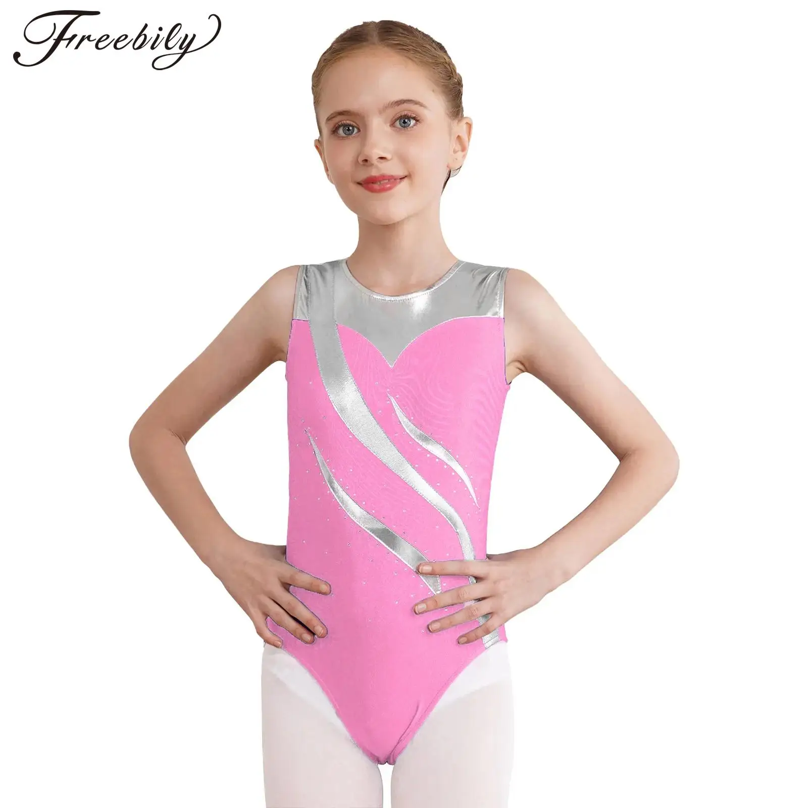 Kinder Meisjes Metallic Contrast Kleur Ritmische Gymnastiek Turnpakje Kinderen Mouwloze Kunstschaatsen Bodysuit Prestatie Kostuum