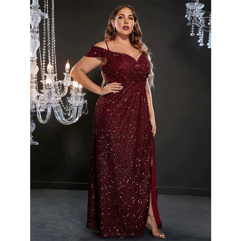 Plus Size Wine Red Suspender Strapless Sequins Long Evening Dress 4xl5xl Sexy Slim Fishtail Slit Plus Size Summer Dress Women