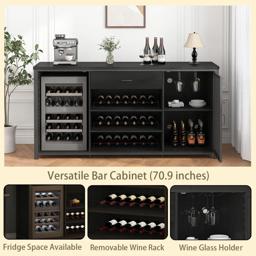 Bar Cabinet, Modern Wood Metal Large Wine Liquor Cabinet with Rack, Big Wide Sideboard Buffet Cabinet with Drawer Storage