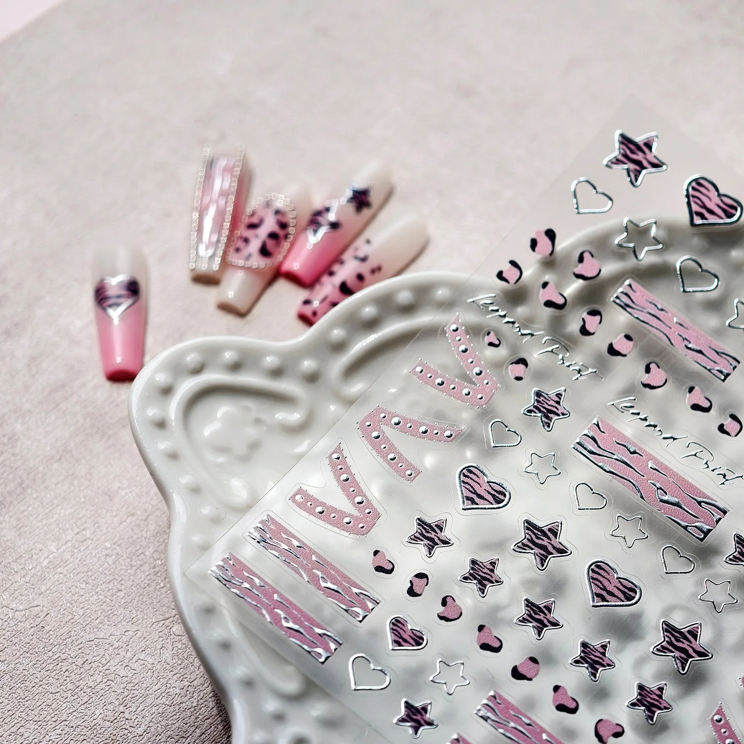 Pink Girl Lace Bow Nail Sticker 3D Relief Sweet Cool Checkered Nail Art Stickers Laser Silver Star Love Heart Manicure Decals