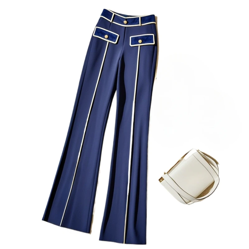 

2025 Spring Fall Women Fashhion Designer Patchwork White Stripes Blue Straight Pants , Woman Korean Style Trousers