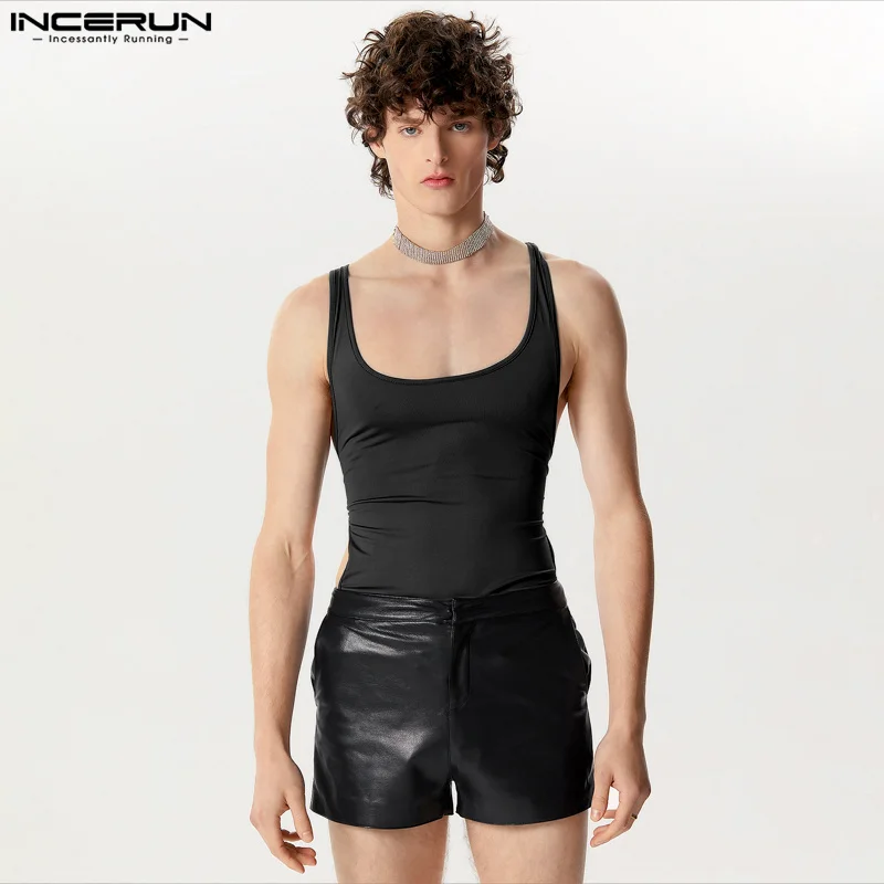 INCERUN 2024 Sexy New Mens Homewear Personality Side Hollow Design Jumpsuits Casual Simple Male Solid Sleeveless Bodysuits S-5XL