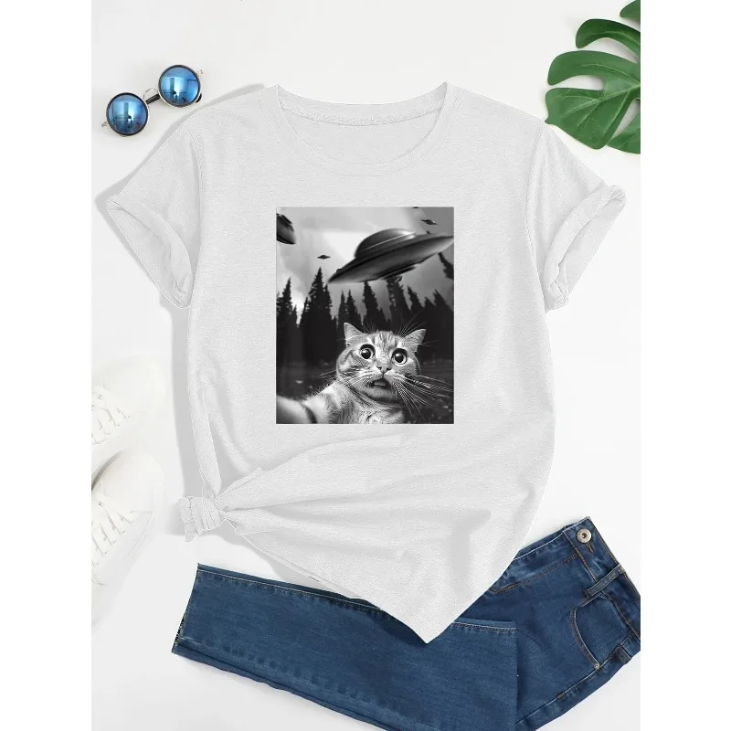 القط و UFO طباعة طاقم الرقبة تي شيرت عادية تي شيرتات قصيرة الاكمام لربيع وصيف الملابس النسائية Kawaii ملابس النساء الملابس #3