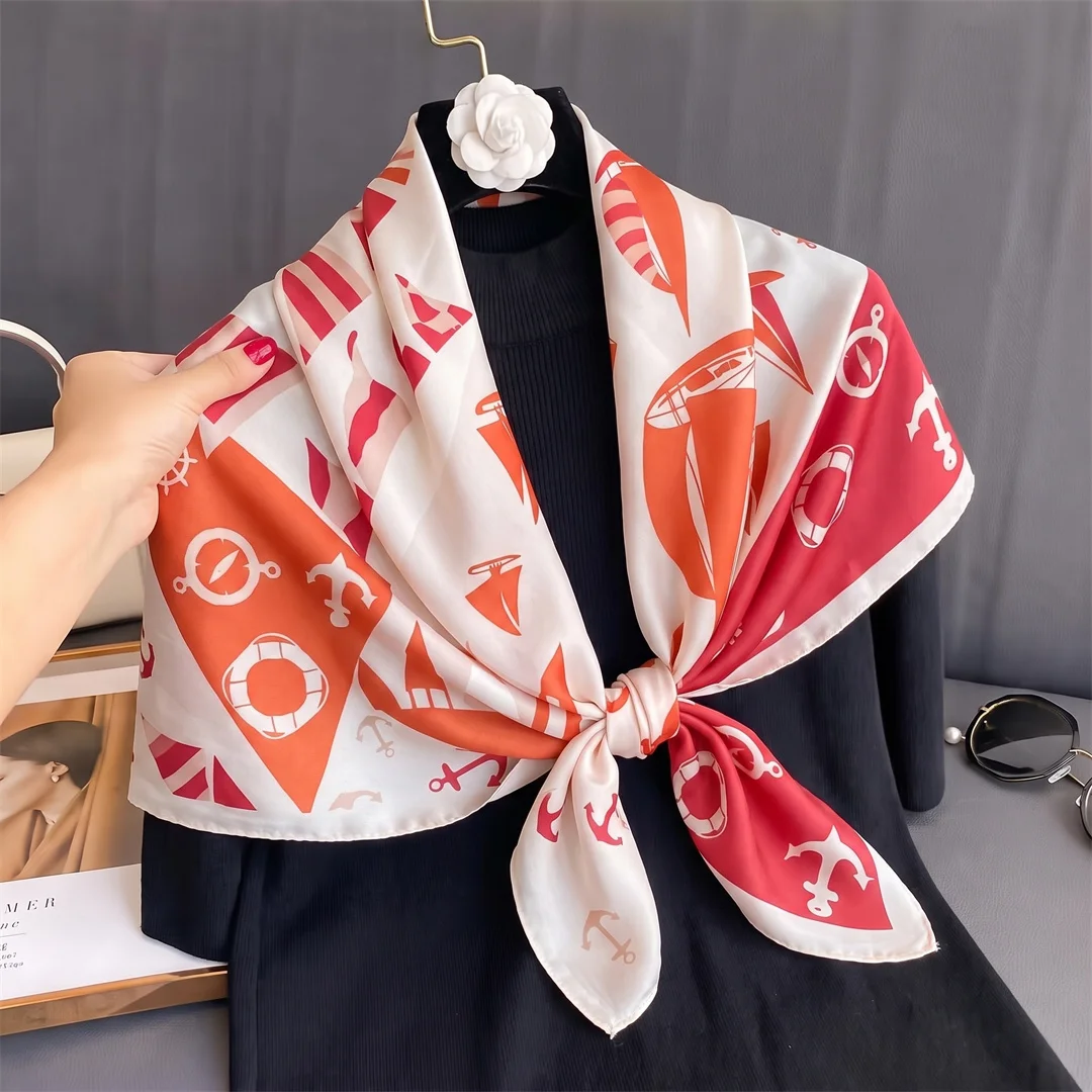 New Square Silk Scarf Women Fashion Designer Beautiful Sailboat Print Soft Satin Shawl Kerchief Scarfs Neck Headscarf 90cm