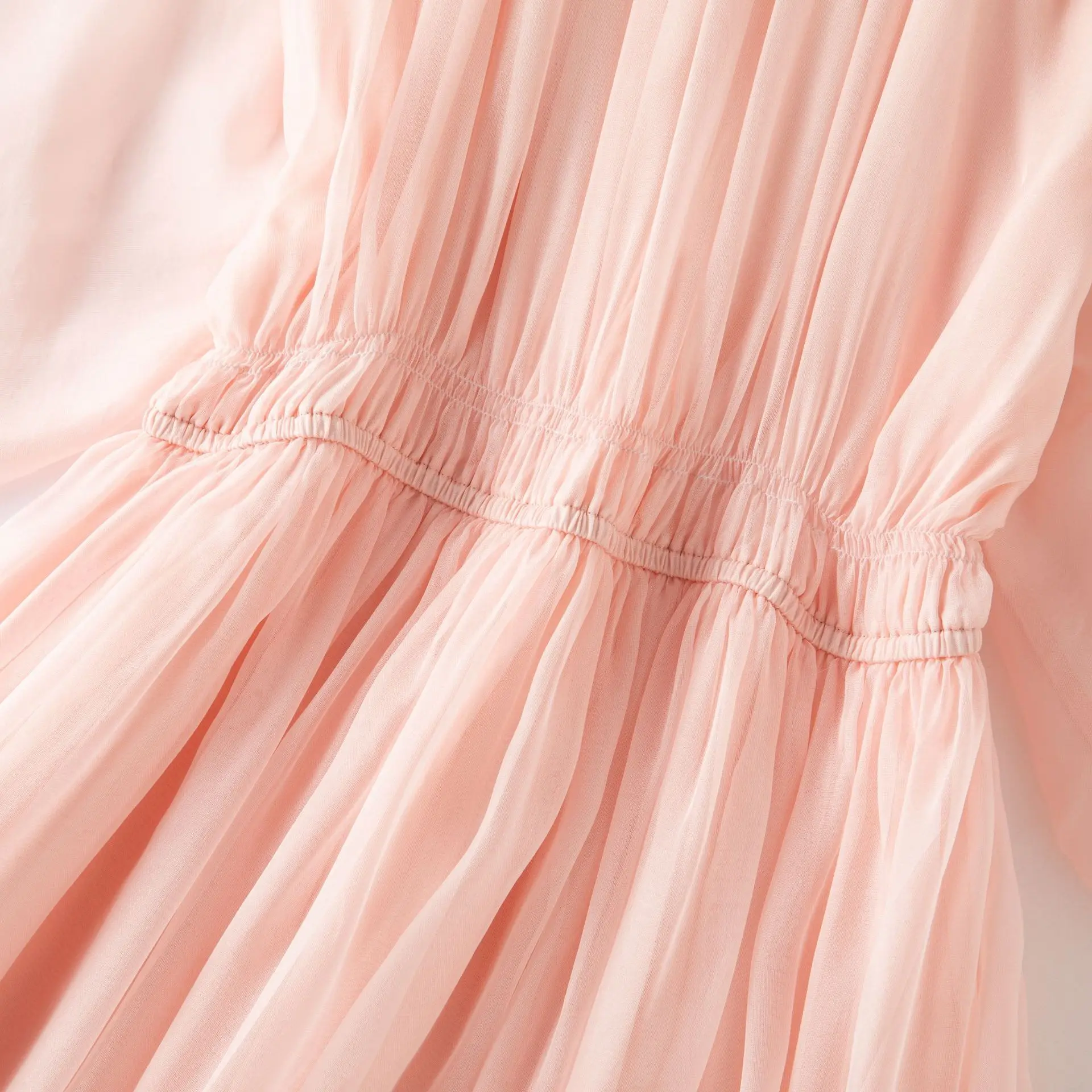 Birdsky, 1PC Women dress chest pleats O neck lantern sleeves 100% real mulberry silk georgette solid Pink, S-1052