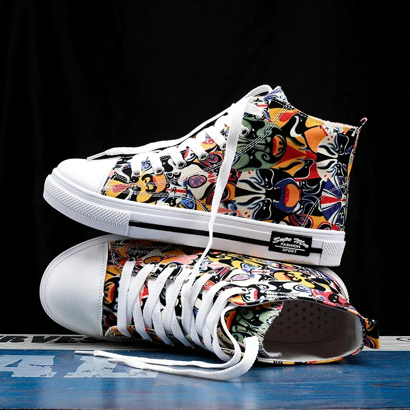 Cool Discount Low Price Shoes Graffiti Canvas Shoes Men\'s Sneakers High Top Couple Style Board Casual Mens Tennis Men\'s Shoes