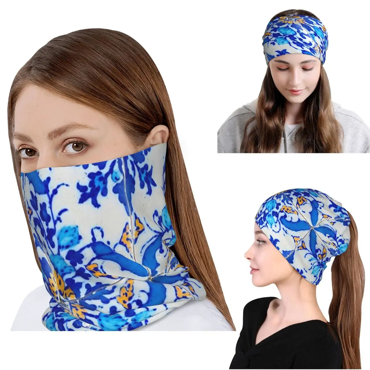 

Portuguese Tile Decor Azulejo Lisboa Bandana Neck Gaiter Mask Scarf Warm Headband Beanies Hat for Men Women Adult All Season