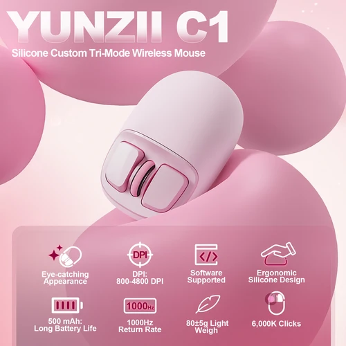 Imagen 2 del producto Ratón inalámbrico YUNZII C1, seguimiento óptico DPI de 6 niveles, silicona personalizada, ratones para juegos trimodos 2,4G/USB-C/Bluetooth para el trabajo