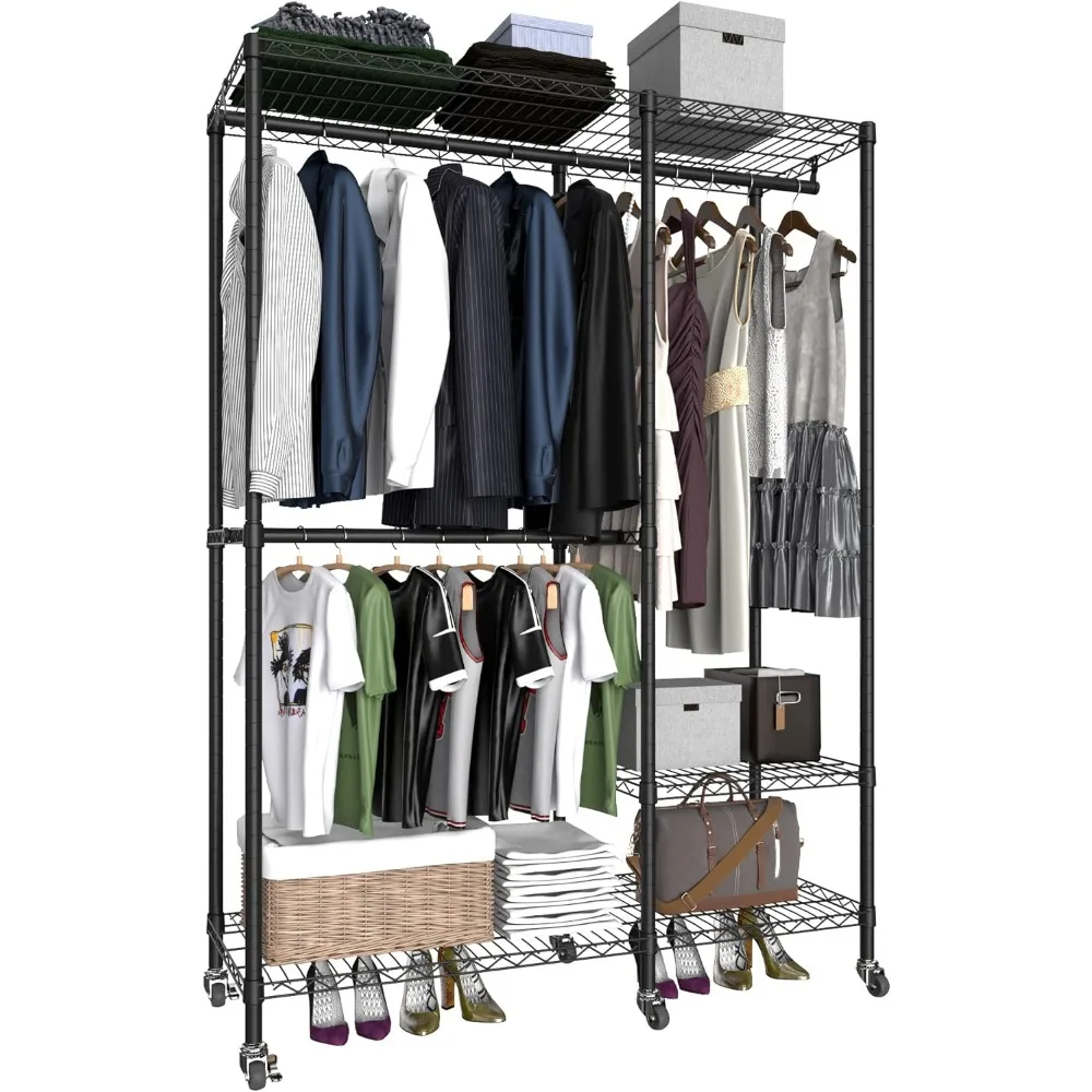 Sturdy Adjustable Rolling Garment Rack with Lockable Wheels, Metal Wire Clothes Organizer, Freestanding
